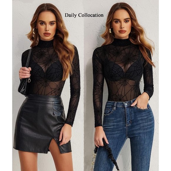 Women's Turtleneck Bodysuit Sheer Mesh Shirt Tops Stretchy Mesh Fitted Shirt Top - Picture 4 of 6